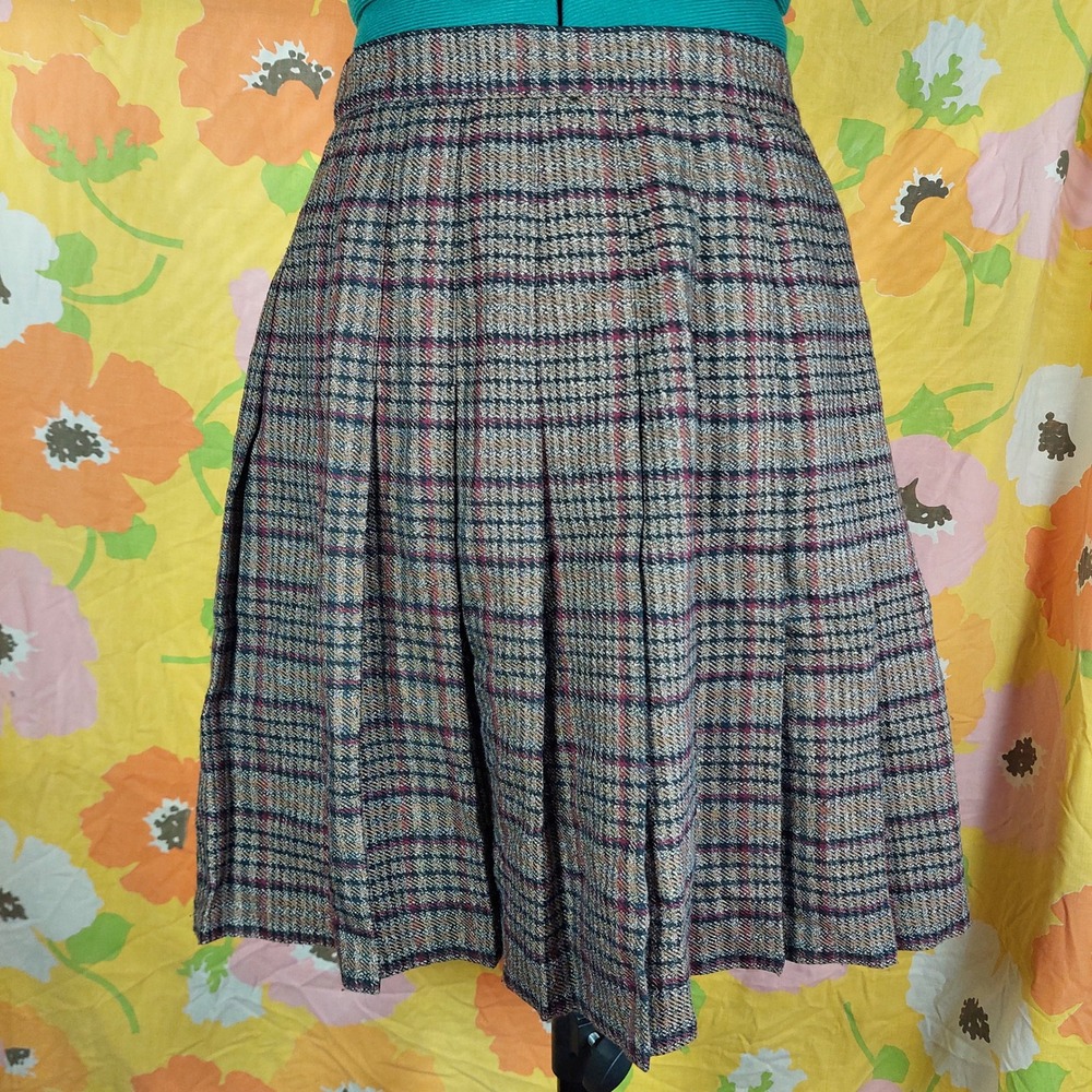 Vintage Just For Petites Plaid Pleated Skirt Black Tan Red 80s 90s Size 12P